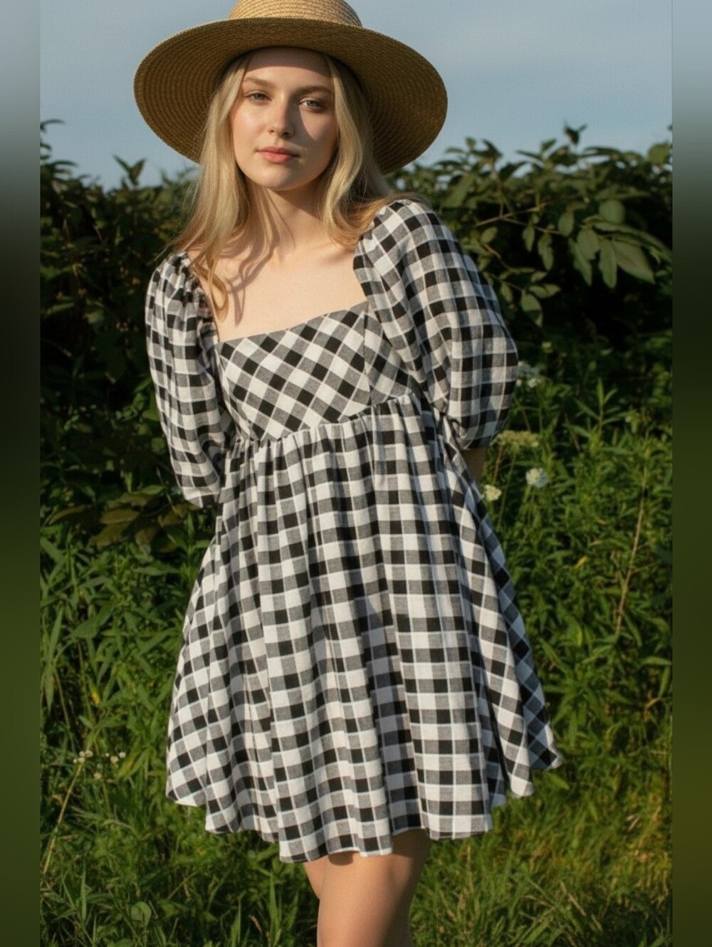 Storia Black White Gingham Babydoll Mini Dress Small Square Neck Puff Sleeve